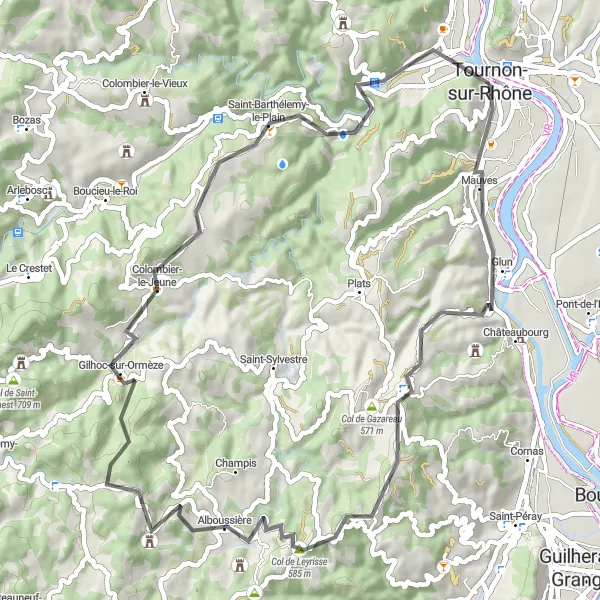 Kartminiatyr av "Scenisk landsvägsrunda med historiska sevärdheter" cykelinspiration i Rhône-Alpes, France. Genererad av Tarmacs.app cykelruttplanerare