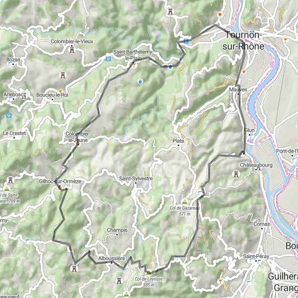 Miniatura della mappa di ispirazione al ciclismo "Giro panoramico attraverso le montagne dell'Ardèche" nella regione di Rhône-Alpes, France. Generata da Tarmacs.app, pianificatore di rotte ciclistiche