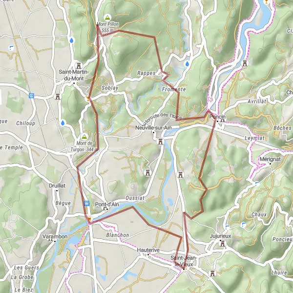 Mapa miniatúra "Gravel cyklistická trasa Mont Olivet - Poncin" cyklistická inšpirácia v Rhône-Alpes, France. Vygenerované cyklistickým plánovačom trás Tarmacs.app