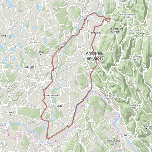 Miniatua del mapa de inspiración ciclista "Ruta de Grava hacia Villieu" en Rhône-Alpes, France. Generado por Tarmacs.app planificador de rutas ciclistas
