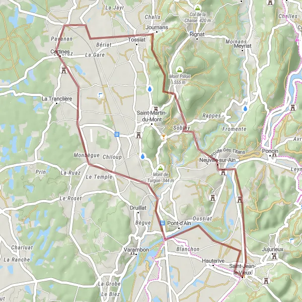 Mapa miniatúra "Gravel trasa cez Pont-d'Ain" cyklistická inšpirácia v Rhône-Alpes, France. Vygenerované cyklistickým plánovačom trás Tarmacs.app