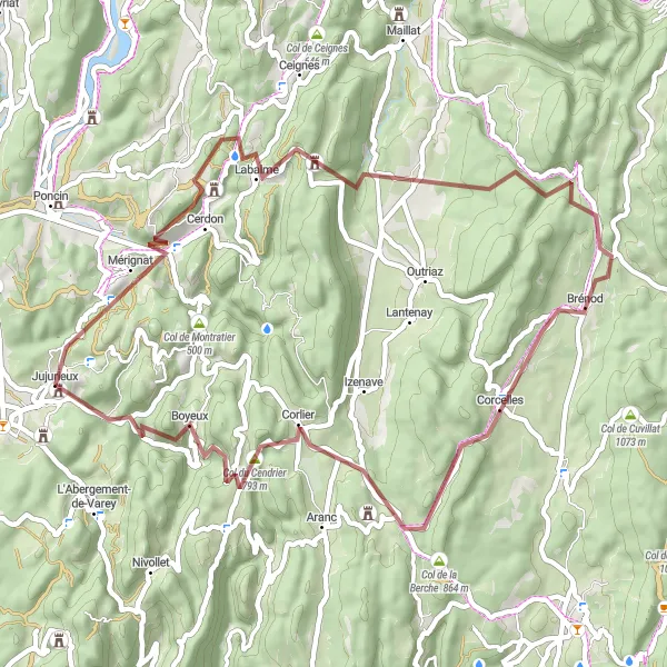 Miniaturní mapa "Gravelový okruh k Col de la Berche" inspirace pro cyklisty v oblasti Rhône-Alpes, France. Vytvořeno pomocí plánovače tras Tarmacs.app