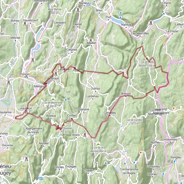 Map miniature of "Breathtaking Gravel Adventure to Château de Varey" cycling inspiration in Rhône-Alpes, France. Generated by Tarmacs.app cycling route planner