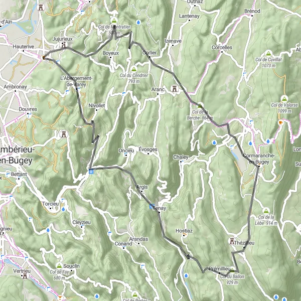 Mapa miniatúra "Road route near Saint-Jean-le-Vieux" cyklistická inšpirácia v Rhône-Alpes, France. Vygenerované cyklistickým plánovačom trás Tarmacs.app