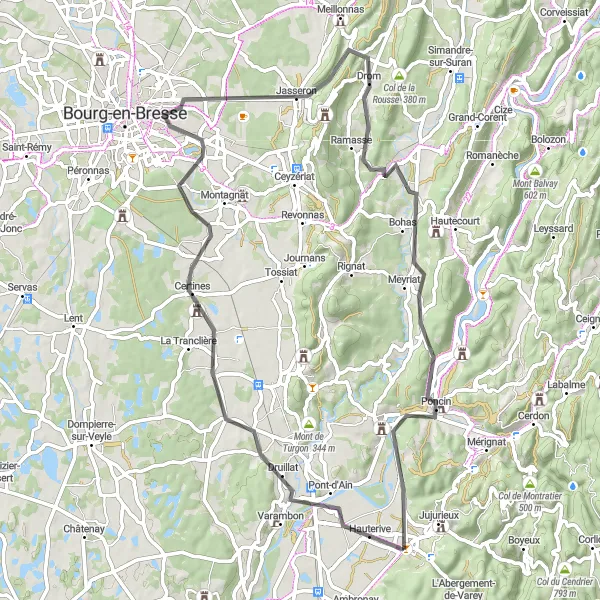 Miniaturní mapa "Trasa kolem Druillat" inspirace pro cyklisty v oblasti Rhône-Alpes, France. Vytvořeno pomocí plánovače tras Tarmacs.app