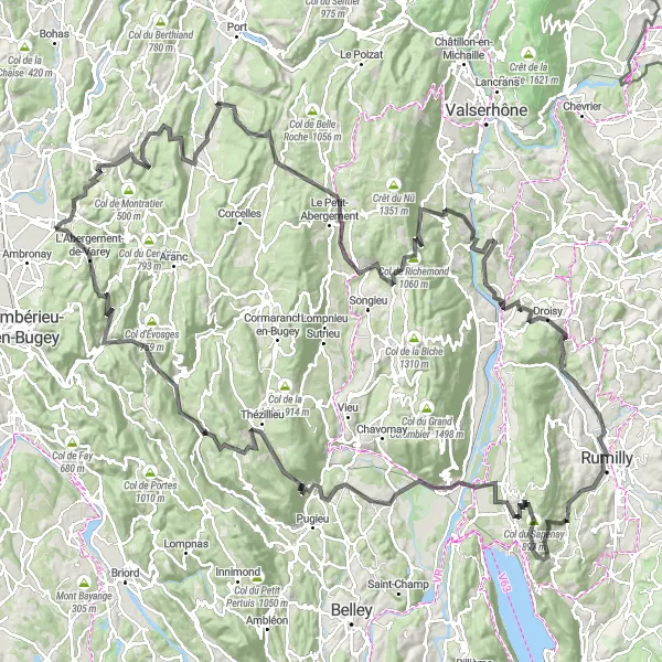 Miniatua del mapa de inspiración ciclista "Gran Ruta de los Alpes y los Lagos" en Rhône-Alpes, France. Generado por Tarmacs.app planificador de rutas ciclistas