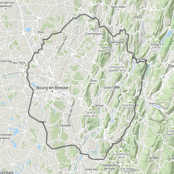 Map miniature of "The Veyle Valley Loop" cycling inspiration in Rhône-Alpes, France. Generated by Tarmacs.app cycling route planner