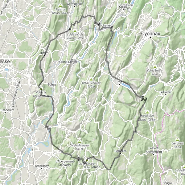 Miniatua del mapa de inspiración ciclista "Vuelta a los Alpes desde Saint-Jean-le-Vieux" en Rhône-Alpes, France. Generado por Tarmacs.app planificador de rutas ciclistas