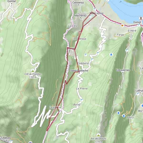 Miniatua del mapa de inspiración ciclista "Ruta de ciclismo de grava a través de la naturaleza" en Rhône-Alpes, France. Generado por Tarmacs.app planificador de rutas ciclistas