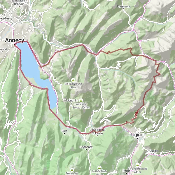 Karttaminiaatyyri "Gravel-pyöräreitti Annecyn ympäristössä" pyöräilyinspiraatiosta alueella Rhône-Alpes, France. Luotu Tarmacs.app pyöräilyreittisuunnittelijalla