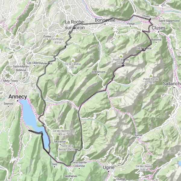 Miniaturní mapa "Okružní cyklistická trasa kolem Saint-Jorioz" inspirace pro cyklisty v oblasti Rhône-Alpes, France. Vytvořeno pomocí plánovače tras Tarmacs.app