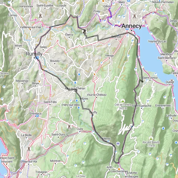 Miniatua del mapa de inspiración ciclista "Ruta de Leschaux y el Pont de l'Abîme" en Rhône-Alpes, France. Generado por Tarmacs.app planificador de rutas ciclistas