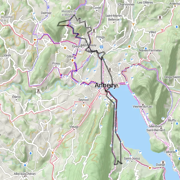 Miniatua del mapa de inspiración ciclista "Ruta alrededor del lago Annecy" en Rhône-Alpes, France. Generado por Tarmacs.app planificador de rutas ciclistas