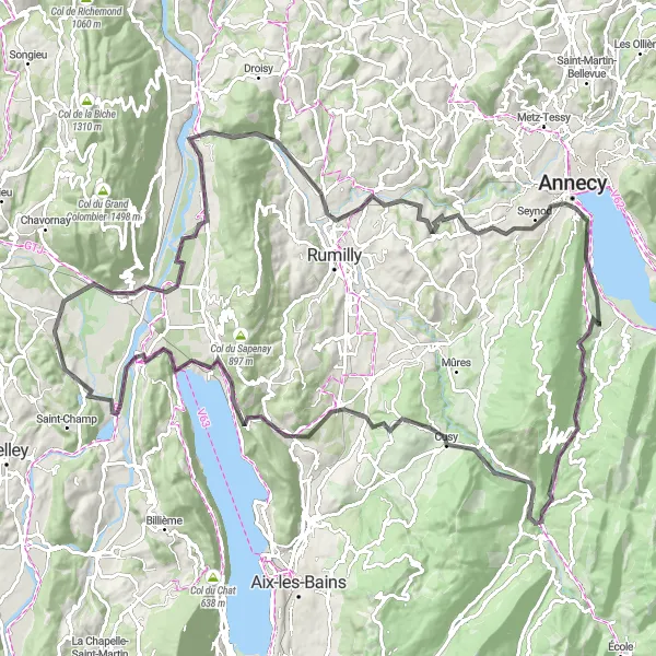 Miniatura della mappa di ispirazione al ciclismo "Tour del Lago di Annecy" nella regione di Rhône-Alpes, France. Generata da Tarmacs.app, pianificatore di rotte ciclistiche