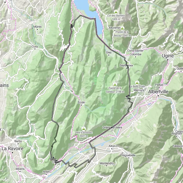 Zemljevid v pomanjšavi "Urejena cestna kolesarska pot po Savojski regiji" kolesarske inspiracije v Rhône-Alpes, France. Generirano z načrtovalcem kolesarskih poti Tarmacs.app