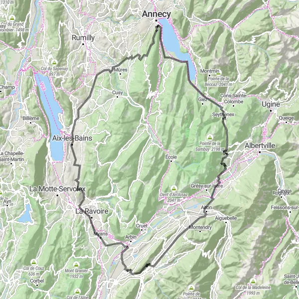 Karttaminiaatyyri "Kaunis pyöräilyreitti Alpeilla" pyöräilyinspiraatiosta alueella Rhône-Alpes, France. Luotu Tarmacs.app pyöräilyreittisuunnittelijalla