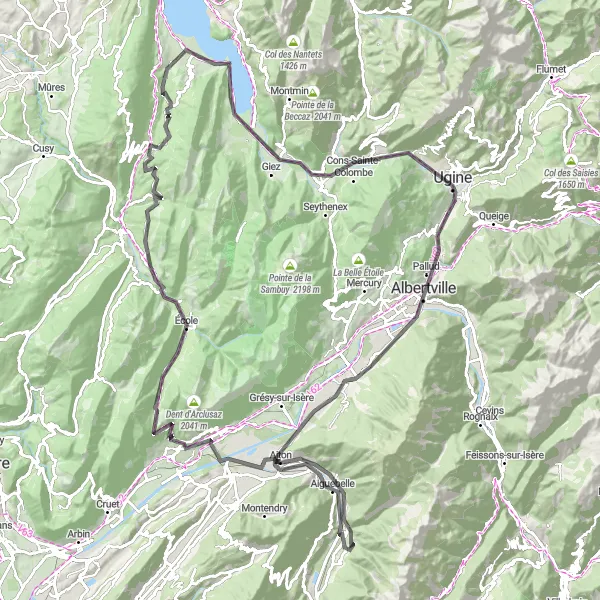 Miniaturní mapa "Přírodní krása okolo Saint-Jorioz" inspirace pro cyklisty v oblasti Rhône-Alpes, France. Vytvořeno pomocí plánovače tras Tarmacs.app