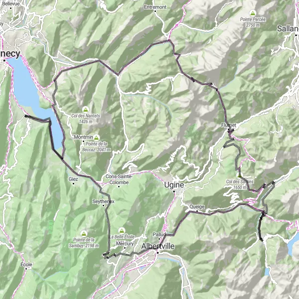 Mapa miniatúra "Adrenalínová cyklistická túra v Alpách" cyklistická inšpirácia v Rhône-Alpes, France. Vygenerované cyklistickým plánovačom trás Tarmacs.app