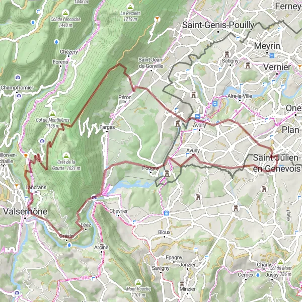 Miniature de la carte de l'inspiration cycliste "Les Chemins de l'Avusy" dans la Rhône-Alpes, France. Générée par le planificateur d'itinéraire cycliste Tarmacs.app