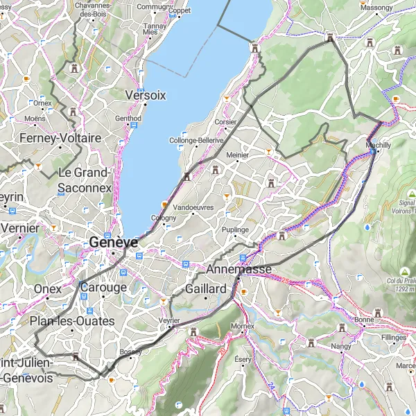 Miniature de la carte de l'inspiration cycliste "Le Tour du Lac Léman" dans la Rhône-Alpes, France. Générée par le planificateur d'itinéraire cycliste Tarmacs.app