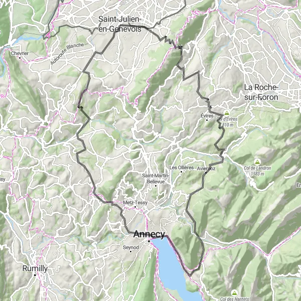 Miniature de la carte de l'inspiration cycliste "Parcours des cols autour de Saint-Julien-en-Genevois" dans la Rhône-Alpes, France. Générée par le planificateur d'itinéraire cycliste Tarmacs.app