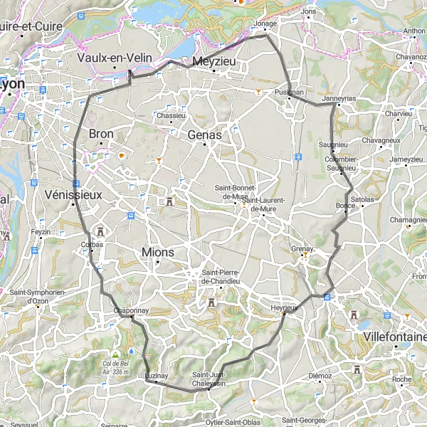 Map miniature of "Luzinay and Beyond" cycling inspiration in Rhône-Alpes, France. Generated by Tarmacs.app cycling route planner