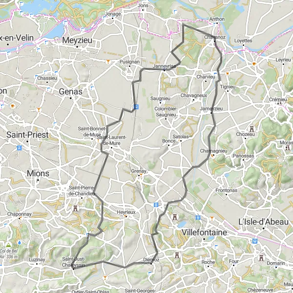 Map miniature of "Valencin Loop" cycling inspiration in Rhône-Alpes, France. Generated by Tarmacs.app cycling route planner