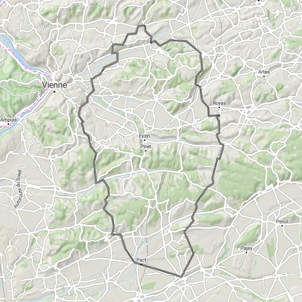 Miniature de la carte de l'inspiration cycliste "Boucle pittoresque de Beauvoir-de-Marc à Jardin" dans la Rhône-Alpes, France. Générée par le planificateur d'itinéraire cycliste Tarmacs.app