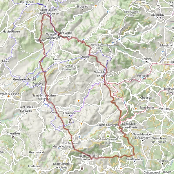 Miniature de la carte de l'inspiration cycliste "Randonnée Gravel à travers le Pilat" dans la Rhône-Alpes, France. Générée par le planificateur d'itinéraire cycliste Tarmacs.app