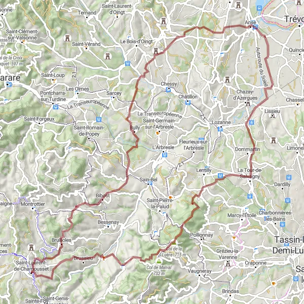Miniatua del mapa de inspiración ciclista "Aventura en Les Chères" en Rhône-Alpes, France. Generado por Tarmacs.app planificador de rutas ciclistas