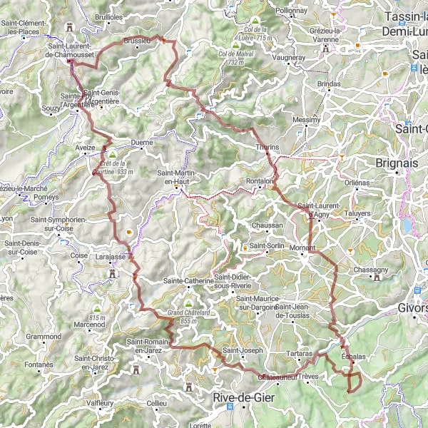Karttaminiaatyyri "Haastava Gravel-reitti Brussieun kautta" pyöräilyinspiraatiosta alueella Rhône-Alpes, France. Luotu Tarmacs.app pyöräilyreittisuunnittelijalla