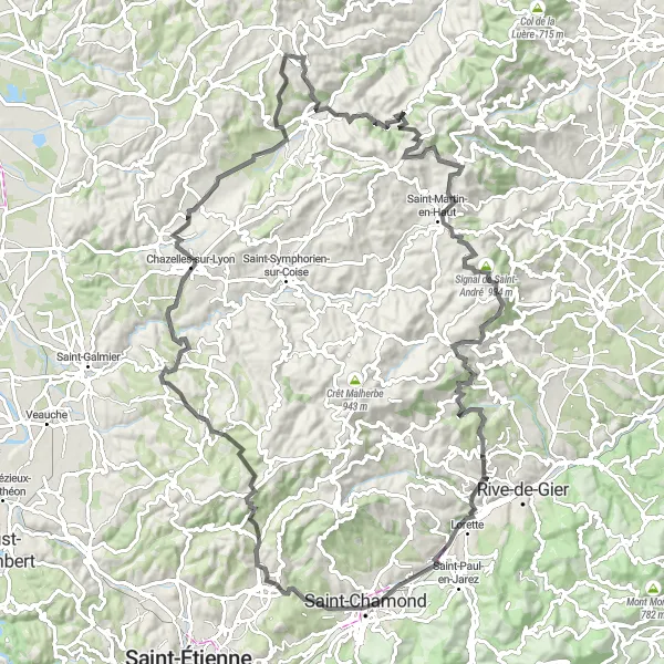 Miniatura della mappa di ispirazione al ciclismo "Tour in bicicletta su strada attraverso Montromant e Chazelles-sur-Lyon" nella regione di Rhône-Alpes, France. Generata da Tarmacs.app, pianificatore di rotte ciclistiche