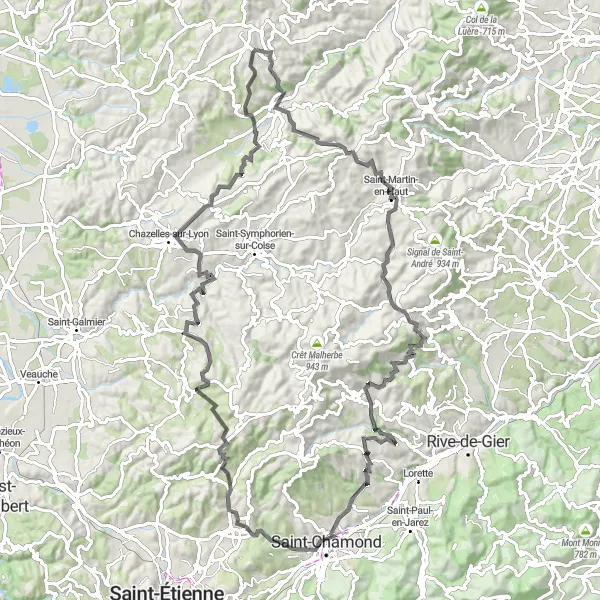 Miniature de la carte de l'inspiration cycliste "Les Collines du Lyonnais" dans la Rhône-Alpes, France. Générée par le planificateur d'itinéraire cycliste Tarmacs.app