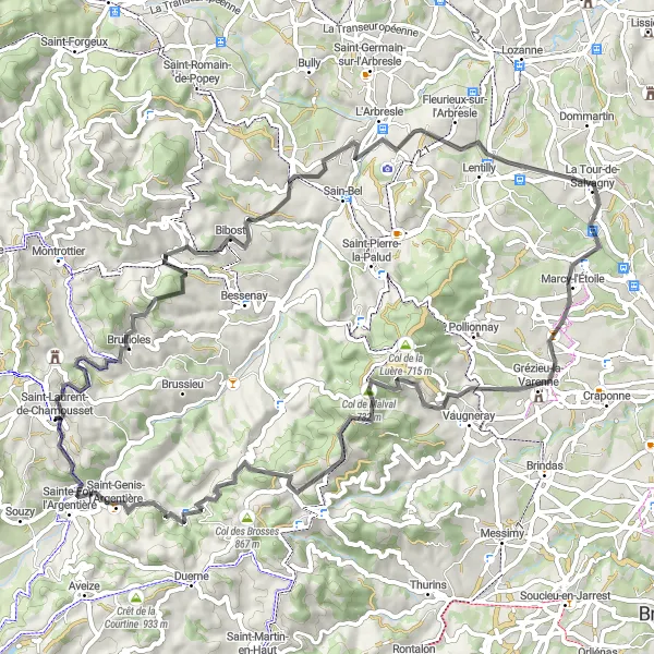 Miniatua del mapa de inspiración ciclista "Ruta de ciclismo de carretera por los alrededores de Saint-Laurent-de-Chamousset" en Rhône-Alpes, France. Generado por Tarmacs.app planificador de rutas ciclistas