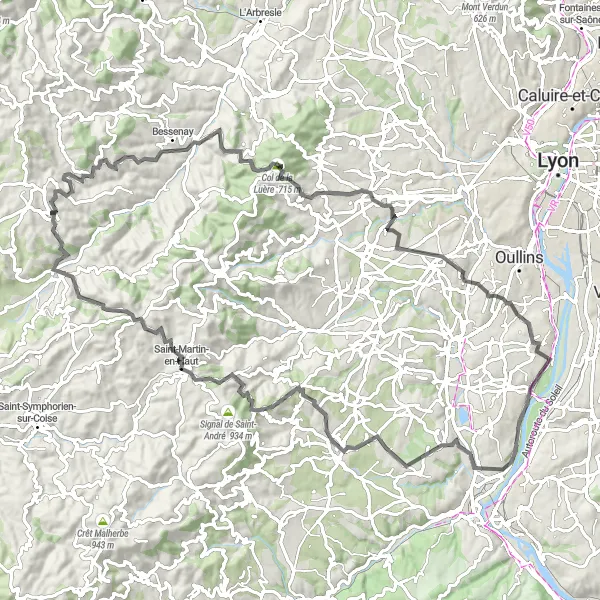 Miniatua del mapa de inspiración ciclista "Ruta asfaltada por Saint-Laurent-de-Chamousset" en Rhône-Alpes, France. Generado por Tarmacs.app planificador de rutas ciclistas