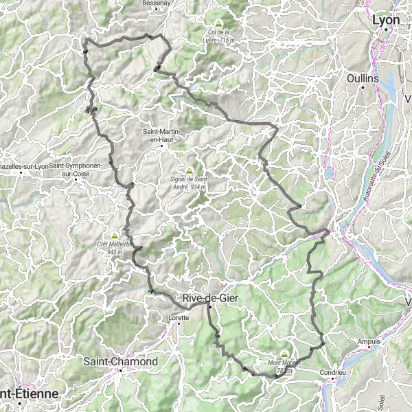 Miniatura della mappa di ispirazione al ciclismo "Avventuroso Tour Ciclistico intorno a Saint-Laurent-de-Chamousset" nella regione di Rhône-Alpes, France. Generata da Tarmacs.app, pianificatore di rotte ciclistiche