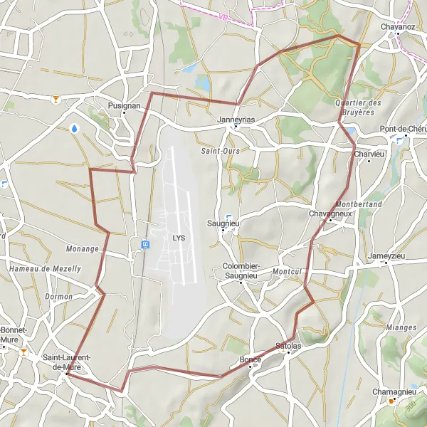 Kartminiatyr av "Grusbane rundtur til Saint-Laurent-de-Mure" sykkelinspirasjon i Rhône-Alpes, France. Generert av Tarmacs.app sykkelrutoplanlegger