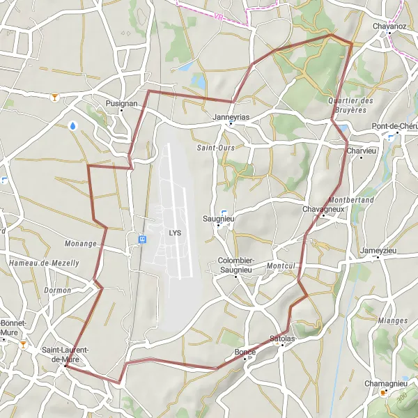 Map miniature of "Pusignan Escape" cycling inspiration in Rhône-Alpes, France. Generated by Tarmacs.app cycling route planner