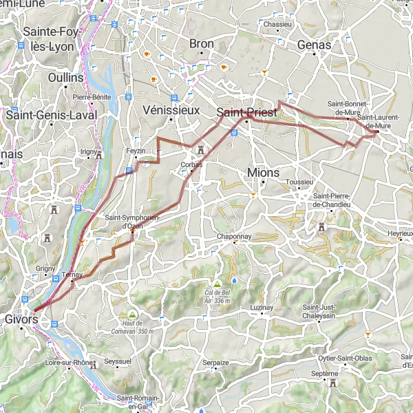 Miniatua del mapa de inspiración ciclista "Ruta de Grava a través de Saint-Priest, Sérézin-du-Rhône, Saint-Symphorien-d'Ozon y Saint-Bonnet-de-Mure" en Rhône-Alpes, France. Generado por Tarmacs.app planificador de rutas ciclistas