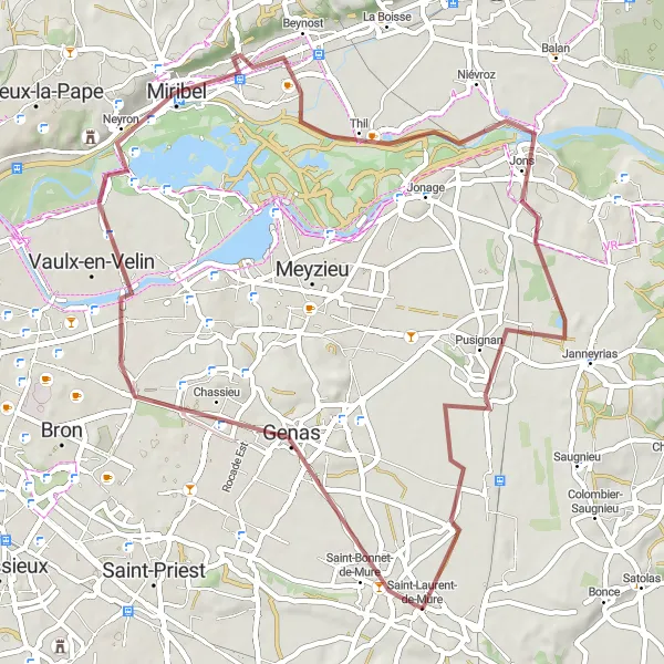 Zemljevid v pomanjšavi "Gravelno kolesarjenje po okolici Saint-Laurent-de-Mure" kolesarske inspiracije v Rhône-Alpes, France. Generirano z načrtovalcem kolesarskih poti Tarmacs.app