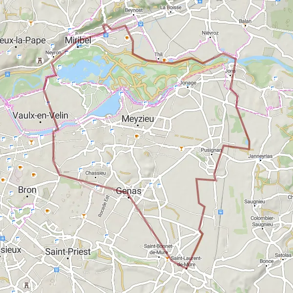 Miniatuurkaart van de fietsinspiratie "Verkenningstocht langs Genas en Jons" in Rhône-Alpes, France. Gemaakt door de Tarmacs.app fietsrouteplanner