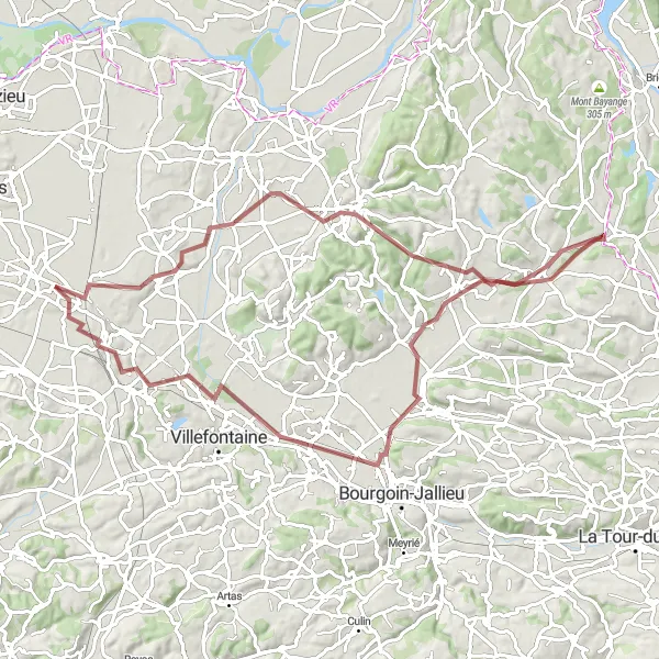 Miniatura della mappa di ispirazione al ciclismo "Esplorazione in mountain bike delle campagne circostanti Saint-Laurent-de-Mure" nella regione di Rhône-Alpes, France. Generata da Tarmacs.app, pianificatore di rotte ciclistiche