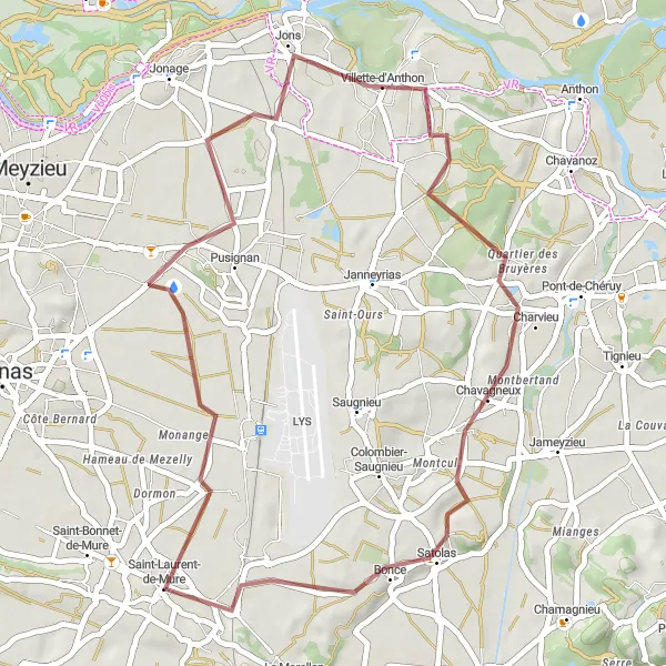 Kartminiatyr av "Äventyrlig grusvägscykelrutt" cykelinspiration i Rhône-Alpes, France. Genererad av Tarmacs.app cykelruttplanerare