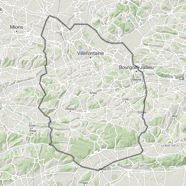 Karttaminiaatyyri "Haastava 104 kilometrin pyöräretki Penolin ja Oytier-Saint-Oblasin kylien kautta" pyöräilyinspiraatiosta alueella Rhône-Alpes, France. Luotu Tarmacs.app pyöräilyreittisuunnittelijalla