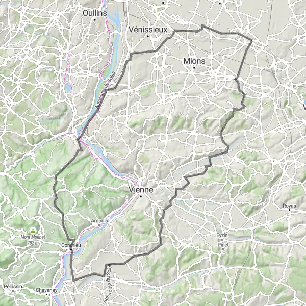 Miniatua del mapa de inspiración ciclista "Ruta en carretera desde Saint-Laurent-de-Mure" en Rhône-Alpes, France. Generado por Tarmacs.app planificador de rutas ciclistas