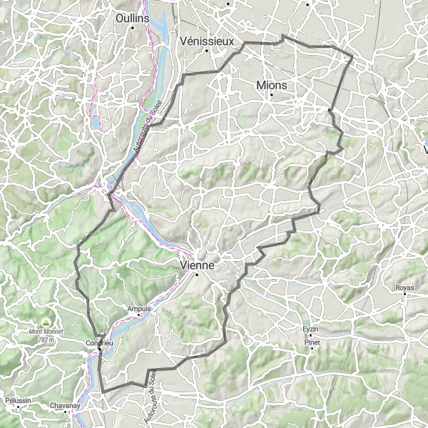 Kartminiatyr av "Vacker landsvägscykelrutt" cykelinspiration i Rhône-Alpes, France. Genererad av Tarmacs.app cykelruttplanerare