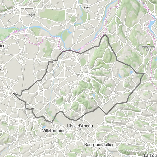 Miniatua del mapa de inspiración ciclista "Ruta en Carretera a través de Pont-de-Chéruy, Vernas, Optevoz, Salagnon, Frontonas y Saint-Quentin-Fallavier" en Rhône-Alpes, France. Generado por Tarmacs.app planificador de rutas ciclistas