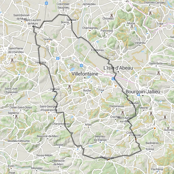 Miniatua del mapa de inspiración ciclista "Ruta de ciclismo de ida y vuelta desde Saint-Laurent-de-Mure" en Rhône-Alpes, France. Generado por Tarmacs.app planificador de rutas ciclistas
