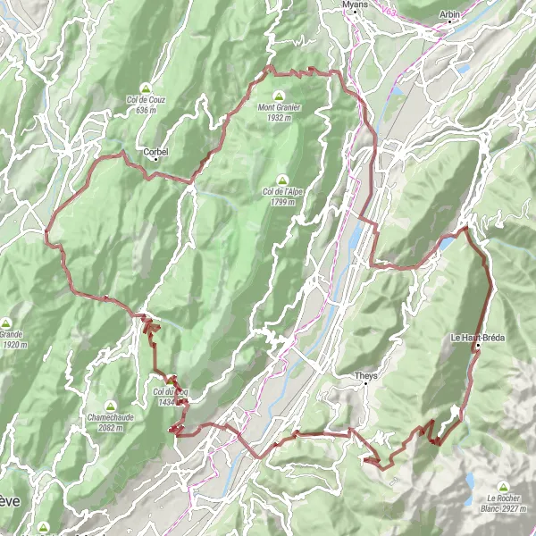 Miniature de la carte de l'inspiration cycliste "L'aventure des Gravel Trails de Chartreuse" dans la Rhône-Alpes, France. Générée par le planificateur d'itinéraire cycliste Tarmacs.app