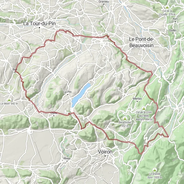 Miniature de la carte de l'inspiration cycliste "Tour des Graviers de l'Isère" dans la Rhône-Alpes, France. Générée par le planificateur d'itinéraire cycliste Tarmacs.app